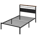 Twin Size Bed Frame with Headboard and Storage Shelf, Metal Bed, Upholstered Wooden Beds, Sturdy Frames for Bedroom Furniture, No Box Spring Needed, Black - Image 2