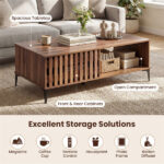 47 Inch Mid-Century Coffee Table with Storage Cabinets & Open Compartment, Walnut Wooden Look Accent Table with Heavy-Duty Metal Legs for Living Room - Image 5