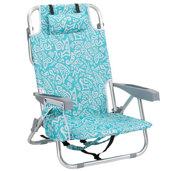 1 PCS Aluminum Beach Chair, 8.5 Inch Seat Height Teal Tribal Pattern, Adjustable Folding Chair with Headrest, Shoulder Strap, 2-in-1 Cup Holder Side Pocket, Back Cooler Bag, Integrated Oxford Fabric with Crossbar, 5 Positions Reclining Lounger, 63x109x84cm, Load Capacity 120KG