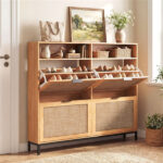 Boho Style Shoe Cabinet Cabinet with 4 Flip Drawers & Open Shelves, Freestanding Shoe Organizer for Entryway - Image 4
