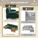 U-Shaped Convertible Sectional Sofa with 2 Chaise Lounges, 4-Seater Modular Couch with Removable & Washable Chenille Covers, 111.4" L x 48.4" D x 33.1" H L-Shaped Couches for Living Room Apartment, Heavy Duty Plastic Legs, Dark Green - Image 3