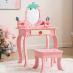 Pink MDF spray-painted + apple-printed 1-drawer 2-desktop storage box children's dressing table set