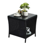 Outdoor Patio Wicker Side Table, Square End Table Bistro Coffee Table with Glass Top Storage Shelf for Porch Garden Backyard Black - Image 11