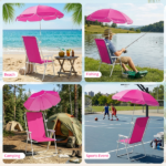 1 Pack Folding Beach Chair with Umbrella, XL Size, 15" Seat Height, Barbie Pink, Steel Spring Chair with Cross Bar, Oxford Cloth, 120kg Capacity - Image 12