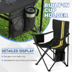 Folding Camping Chair with Built-in Cooler Bag, 350LBS Heavy Duty Portable Outdoor Chair with Cup Holder, Side Pocket & Carry Bag, 33.7"×20.5"×33.5" Black Camping Chair with Yellow Stripes for Beach, Picnic, Fishing - Image 11
