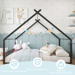 Full Size Metal House Bed Frame, Montessori Floor Bed with Safety Side Guard Rails, No Box Spring Needed, House-Shaped Platform Bed for Kids Toddlers Boys Girls, Black - Image 6