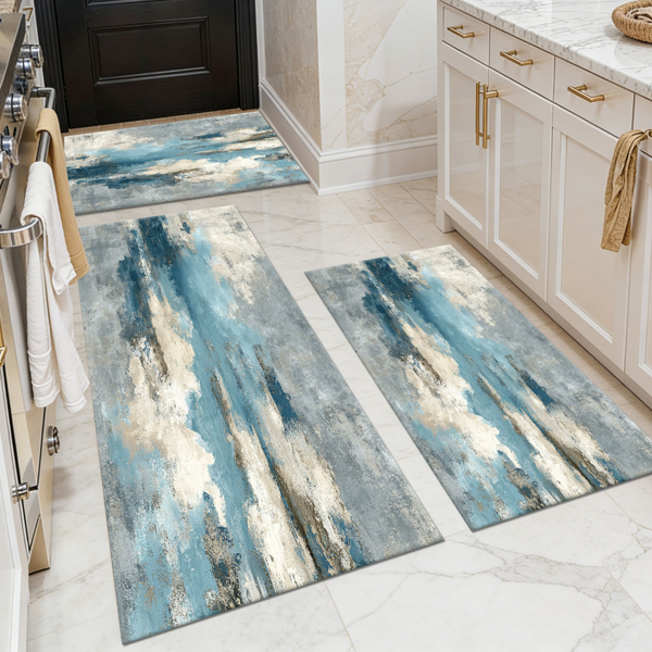 Three-piece kitchen rug set, non-slip and washable, abstract pattern kitchen hallway rug, soft and comfortable, suitable for sinks, floors, entrances, hallways and bathrooms.