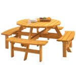 8-Person Outdoor Circular Wooden Picnic Table with 4 Built-in Benches for Patio Backyard Garden, Natural - Image 8
