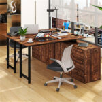 Reversible L-Shaped Desk with Built-in Charging Station, Home Office Desk with Drawers & File Cabinet - Rustic Brown - Image 10