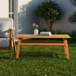Outdoor Wood Coffee Table, 42" Farmhouse Side Table for Patio, Solid Cedar Wood Accent Table with Slatted Tabletop for Garden Poolside Lawn Living Room, Teak Wood Finish - Image 6