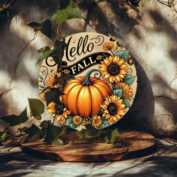 CIFbuy Brighten Home Fall Decor Metal Sign, Hello Fall Round Vintage Tin Sign 8x8 Inch, Rustic Farmhouse Style Wall Art For Home Autumn TikTok, TikTok, tumn Self-pickup Logiopics