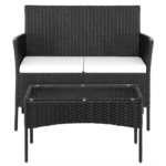 2pcs Arm Chairs 1pc Love Seat & Tempered Glass Coffee Table Rattan Sofa Set Black - Image 54