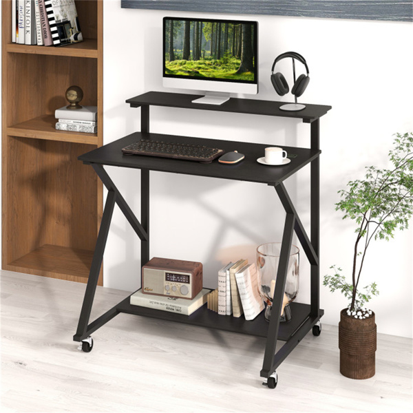 Black Rolling Computer Desk with Power Strip 32" Mobile Office Desk with Monitor Stand