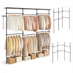 No Drill Floor to Ceiling Tension Clothes Rack, Heavy Duty Carbon Steel Garment Organizer with 4 Vertical Rods 6 Telescopic Hanging Bars, I/L/45° Corner Install Closet System with Drying Rack & Reacher Pole Black - Image 3