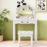 Black and white panda MDF painted finish, solid wood legs, 1-drawer children's dressing table set, LED three-color backlit touch switch