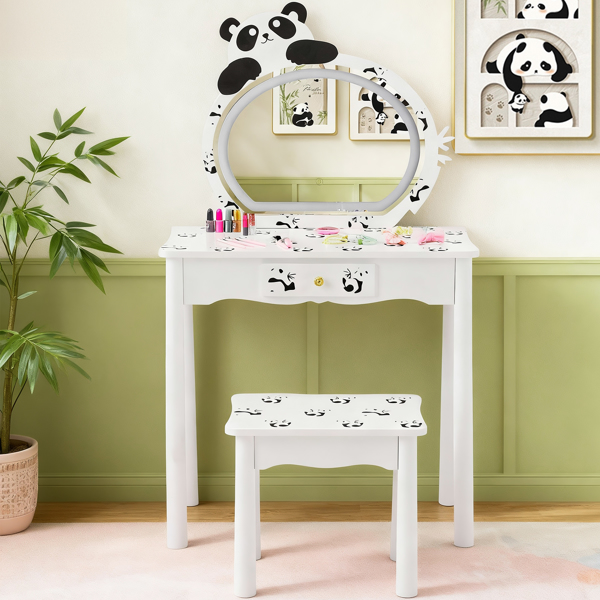 Black and white panda MDF painted finish, solid wood legs, 1-drawer children's dressing table set, LED three-color backlit touch switch