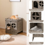 2-Tier Wicker Cat Condo with Litter Mat - Hidden Litter Box Enclosure, Detachable Washable Cushion, Gray Rattan - Image 9