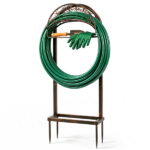 Garden Hose Holder, Water Hose Holder Stand with Storage Basket, Heavy Duty Freestanding Garden Hose Hanger Storage Rack with 4 Spikes for Outside Yard Lawn Farm, Bronze - Image 3
