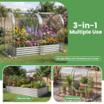 3-in-1 Raised Garden Bed with Greenhouse Cover 130 Gal Galvanized Metal Planter Box - Silver - Image 7