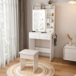 Small Makeup Vanity Desk with Mirror & Adjustable LED Lights,Built-in Power Outlet & Hidden Storage, Includes padded stool & Shelf,Space-Saving Dressing Table for Small Bedrooms,White - Image 9