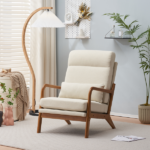 Same Code 47026089 High Back Solid Wood Armrest Backrest Iron Frame Linen Indoor Leisure Chair Off-White - Image 27