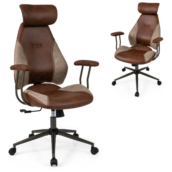 Brown Color Blocking Office Chair with 2D Adjustable Headrest, Ergonomic High-Back Desk Chair 330 lbs Capacity