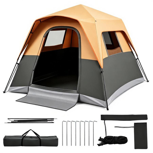cd074e21-0851-4735-807a-9649805a897f.png Orange Light-Blocking Outdoor Cabin Tent, Large 9x9ft Interior Windproof Rainfly Tent with Carry Bag Ground Stakes Ropes for Family Group Camping - Image 1