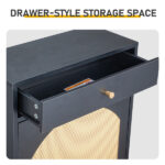 Rattan-front shoe cabinet with 1 drawer and 2 flip-down compartments, particleboard, 54*24*110cm, black - Image 7