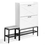 Barn door style shoe cabinet with 2 flip-down compartments, baffle, wire mesh, metal legs with soft pads, and 1 hook. Made of particleboard. Dimensions: 120*24*120cm. Color: White - Image 3
