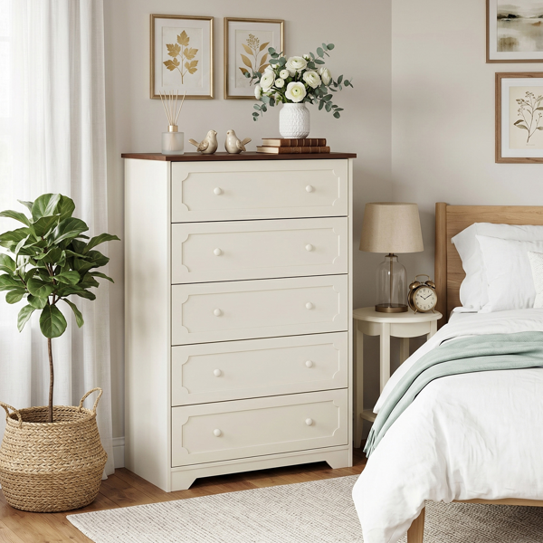 cd5798f8-9f3d-44af-b366-64c3d18faa41.png 5-Drawer Cabinet with Solid Wood Veneer and Paint P2 MDF + P2 Particleboard Storage Cabinet 31.3*15.55*47.24in Dark brown Ceiling Panels + Light Brown Cabinets - Image 1