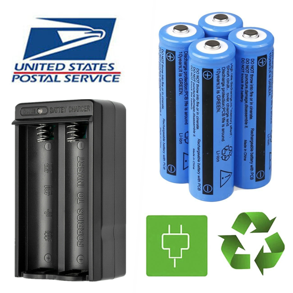 4 PCS 18650 Rechargeable Batteries + 1PCS DoubleCharger Set For FlashlightsHeadlamp (US Logistics For USPS/DHL/Fedex/UPS. No designated logistics accepted TK/TMEU only For self-pickup