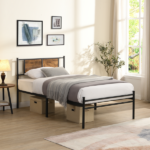 Twin XL Size metal bedframe,Headboard with wood panel decoration,black - Image 10