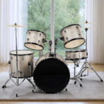 Full Size Adult Drum Set 5-Piece Silver with Bass Drum, two Tom Drum, Snare Drum, Floor Tom, 16" Ride Cymbal, 14" Hi-hat Cymbals, Stool, Drum Pedal, Sticks - Image 12