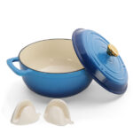 Cast iron 5QT cooking pot - Gradient blue - Includes two silicone gloves - Enamel pot - Image 4