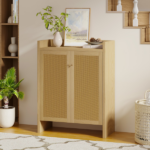 42.5" Tall Rattan Shoe Cabinet with Doors, 6-Tier Wooden Freestanding Shoe Storage Organizer with Adjustable Shelves, Mid-Century Entryway Shoe Cabinet for Hallway & Living Room - Image 14