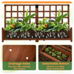 Rustic Brown Elevated Planter with Lattice Trellis, Dual Large Planting Boxes with Drainage System for Vining Flowers Vegetables Balcony Decor - Image 5