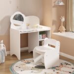 Kids Vanity Table with Mirror and Chair, Wooden Children's Dressing Makeup Desk with Storage Shelves, Study and Activity Table for Girls and Boys, Playroom Bedroom Furniture - White - Image 2