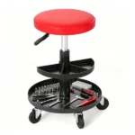 Red Adjustable Rolling Mechanic Stool with 2-Tier Tool Storage Trays, PU Leather Pneumatic Height Adjustable Workshop Seat with 5 Casters Holds 265LBS for Garage Repair