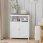 Modern Storage Cabinet with Double Doors, Free-Standing Bathroom Cabinet with Adjustable Shelf and Natural Wood Top, Multi-Purpose Organizer for Kitchen, Living Room, Bathroom or Entryway – White - Image 5