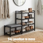 4-Tier Shoe Rack with Cushion,Heavy Duty Carbon Steel Frame, Anti-Slip Feet, Space-Saving Storage Organizer Shelf for Entryway, Living Room, Bedroom,Black - Image 4