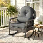 Mix Gray Handwoven PE Rattan Porch Rocking Chair, Metal Frame Safe Smooth Rocker with Removable Washable Zipper Cushions for Backyard Balcony Deck Indoor Reading Nook - Image 6