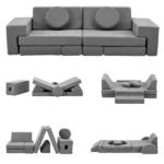 14 PCS Modular Kids Play Couch, Convertible Foam Building Block Sofa Fort Play Set, Corduroy Detachable Floor Sofa for Toddlers Playroom Bedroom Living Room, Grey