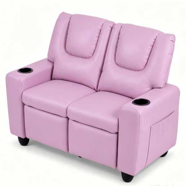 Pink 2‑Seater Kids Recliner Loveseat, Adjustable Double Toddler Sofa with Cup Holders & Storage Pockets, 330 lbs Heavy‑Duty PU Leather Kids Couch for Ages 3+