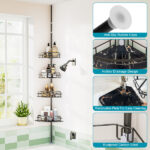 Corner Shower Caddy Tension Pole, Quick Setup, Rust-Free Bathroom Shower Organizer Corner for Bathtub Shampoo Storage, 4-Tier Adjustable Shelf, Drill Free, Fits 8.66 to 116 Inch Height, Black - Image 4