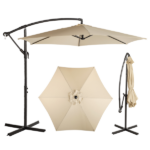 10FT Round Offset Patio Umbrella, Banana Hanging Cantilever Umbrella with 60° Adjustable Angle, Crank System, Cross Base & Pole Sleeve, UPF 50+ Waterproof Polyester Canopy, 6 Iron Ribs for Garden Deck Backyard, Khaki