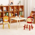 Kids Table and 2 Chairs Set, 3 Pieces Toddler Table and Chair Set, Wooden Activity Play Table Set (Lion&Monkey)-Does not support self pick up