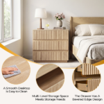 Handleless Grille-Finished 3-Drawer Bedside Table P2 Particleboard + MDF & Melamine Veneer + Thermoformed Drawer Cabinet 23.62*12.99*22.05in Oak - Image 13