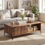 47 Inch Mid-Century Coffee Table with Storage Cabinets & Open Compartment, Walnut Wooden Look Accent Table with Heavy-Duty Metal Legs for Living Room - Image 6