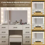 Vanity Desk Set with Large Lighted Mirror and Powre Outlet, Glass Top Makeup Vanity with 9 Drawers, Vanity Table with 12 LED Lights, 3 Lighting Color Adjustable, White - Image 8