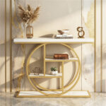 41 Inch Console Table with 3 Tier Open Shelves, Modern Entryway Sofa Table with O-Shaped Metal Frame for Living Room Hallway - White - Image 7